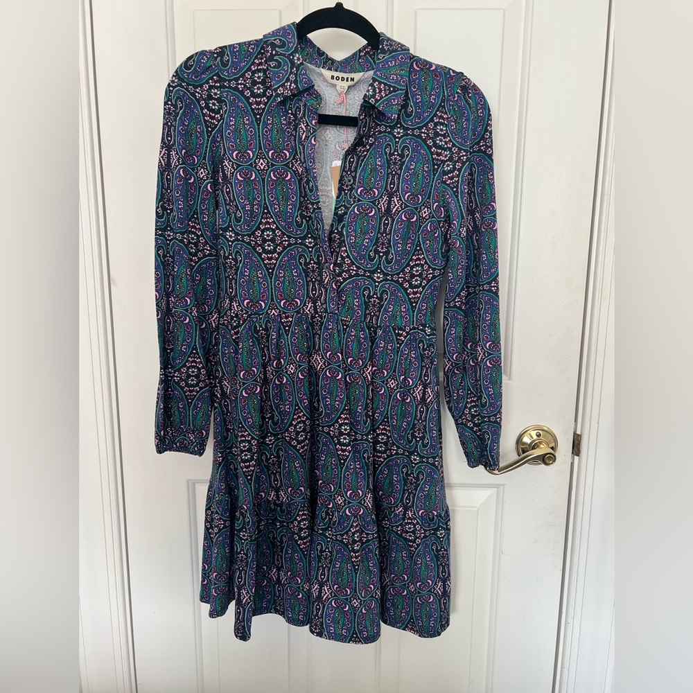 Boden Blue, Pink and Green Paisley Long Sleeve Tiered Dress